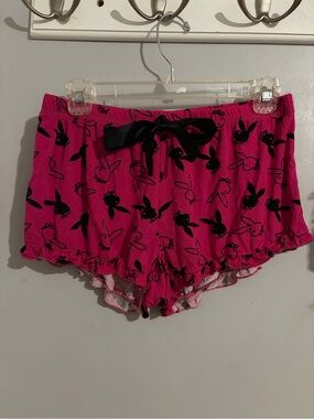 PLAYBOY Pink and Black Bunny-Print Ruffle Lounge Shorts